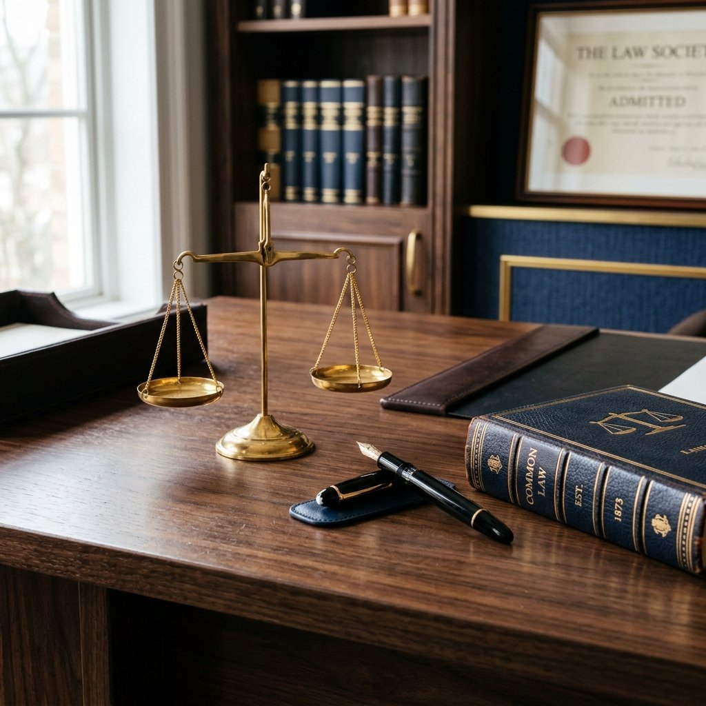 Interior do escritório com balança da justiça e livros jurídicos